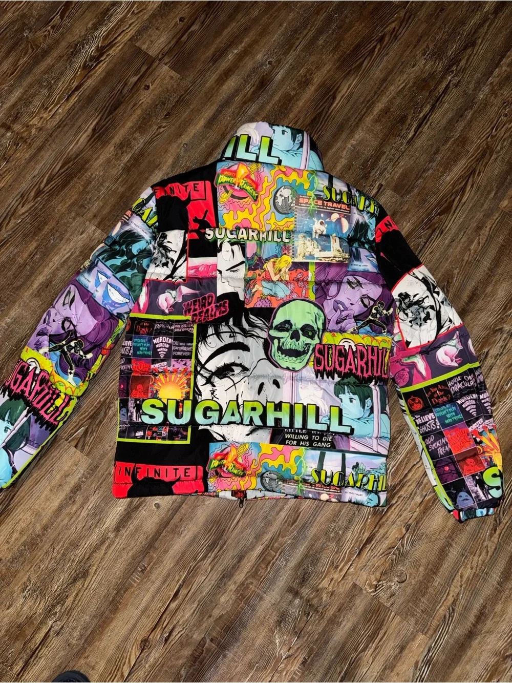 Graphic Multicolor Puffer Jacket - Bold Comic Print